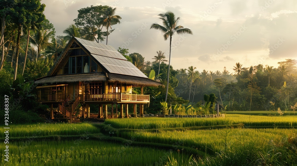 Obraz premium A traditional wooden house stands on stilts in a lush green rice paddy field, surrounded by palm trees and tropical foliage