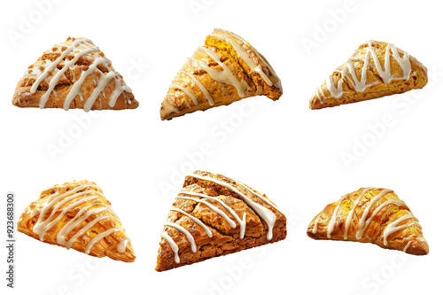 Five Iced Pumpkin Scones Arranged on a White Background