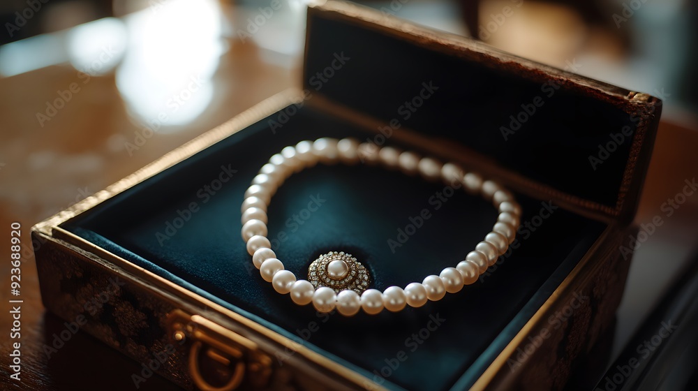 Beautiful pearl necklace with diamond clasp in a vintage jewelry box on a table Beautiful pearl necklace with diamond clasp in a vintage jewelry box on a table