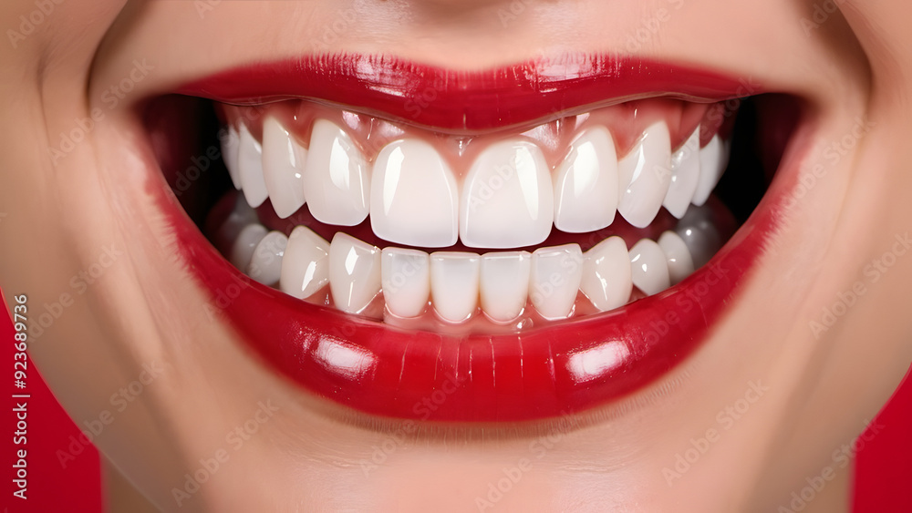 A woman with a big smile showing her teeth. The teeth are white and the woman is wearing red lipstick A woman with a big smile showing her teeth. The teeth are white and the woman is wearing red lipstick