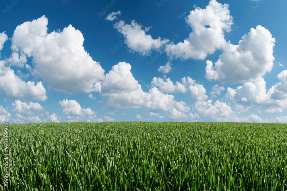 Vast green field of grass under a blue sky filled with fluffy white clouds on a sunny day, perfect for nature backgrounds and landscape graphy. Vast green field of grass under a blue sky filled with fluffy white clouds on a sunny day, perfect for nature backgrounds and landscape graphy.