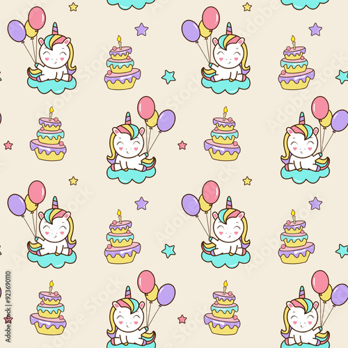 Seamless pattern with pony, cakes, stars, confetti. Vector background in cartoon style for birthaday party. photo