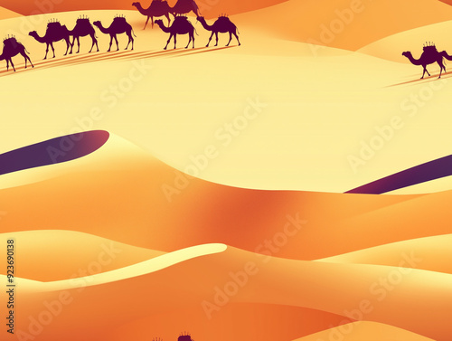 Camel caravan shadows stretching across rolling dunes, seamless pattern