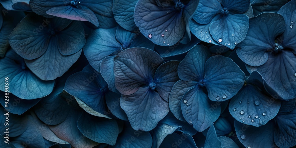 A close up of blue flowers with droplets of water on them. The flowers are arranged in a way that creates a sense of depth and texture, with some flowers appearing to be overlapping each other