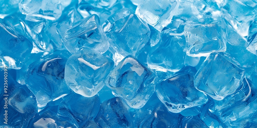 A blue ice cube with a clear surface. The ice cubes are all different sizes and are scattered throughout the image A blue ice cube with a clear surface. The ice cubes are all different sizes and are scattered throughout the image