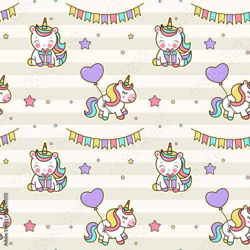 Seamless pattern with cute unicorns. Birthaday party background in cartoon style.
