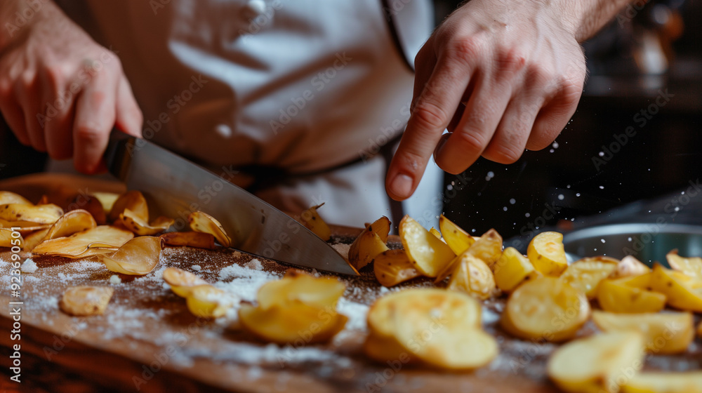 The image shows the hands of a chef slicing potatoes on a wooden board. Salt is sprinkled around, adding an atmospheric touch to the cooking process The image shows the hands of a chef slicing potatoes on a wooden board. Salt is sprinkled around, adding an atmospheric touch to the cooking process