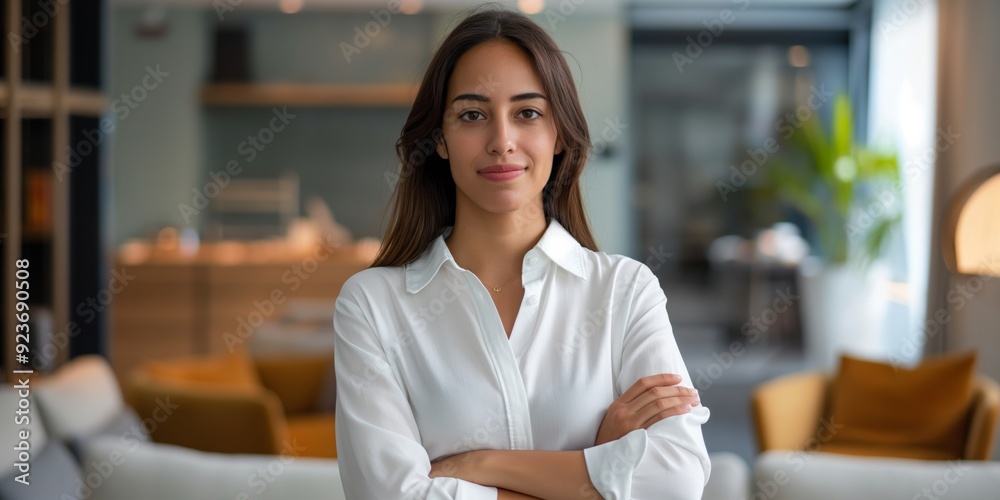A woman is standing in a room with a white shirt on and her arms crossed. She is smiling and looking directly at the camera. The room has a modern and clean design with a few chairs and a potted plant A woman is standing in a room with a white shirt on and her arms crossed. She is smiling and looking directly at the camera. The room has a modern and clean design with a few chairs and a potted plant