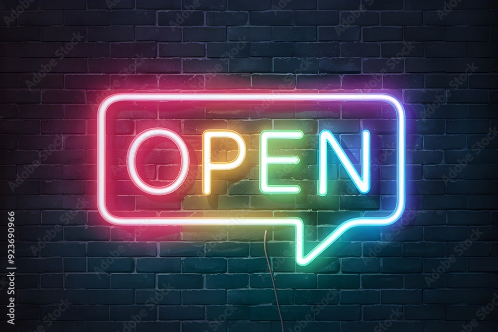 Neon OPEN sign with speech bubble, vibrant gradient colors on dark brick wall.