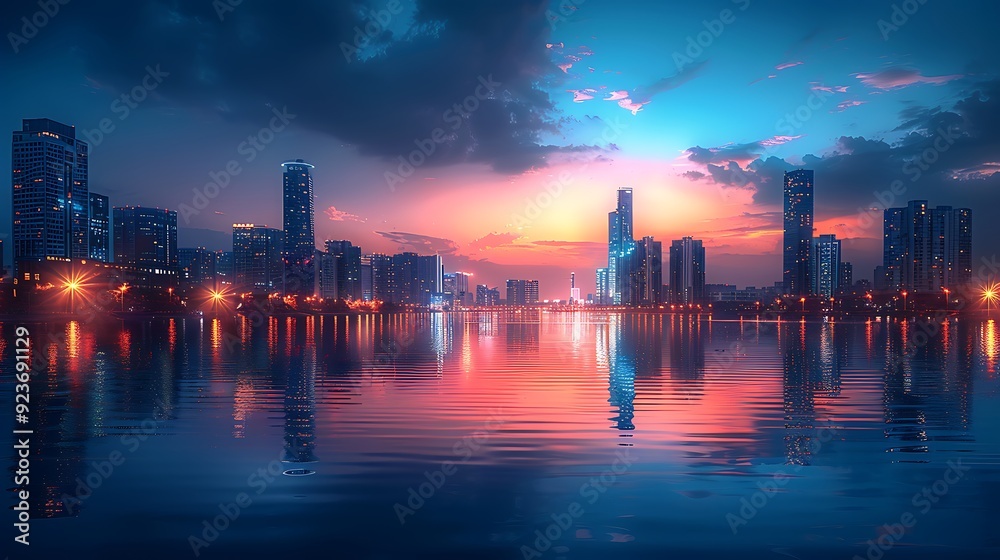 Obraz premium Modern city skyline at dusk, bathed in pastel peach, lavender, and light blue. The serene river reflects the cityscape, enhancing the peaceful atmosphere. Wide-angle shot, hd quality, natural look.