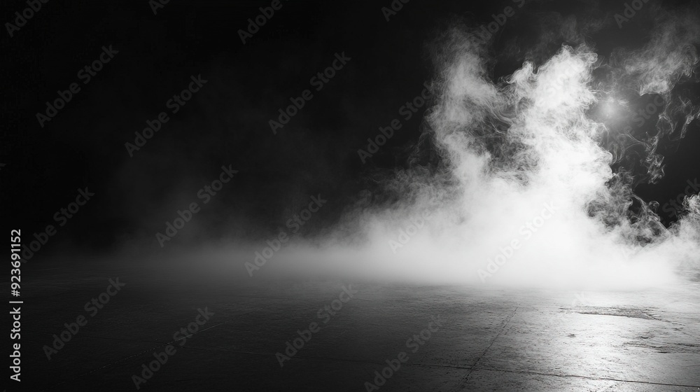 White smoke or fog flow on floor. Large mist in dark room on black background. Smoke on stage studio. Generative ai White smoke or fog flow on floor. Large mist in dark room on black background. Smoke on stage studio. Generative ai
