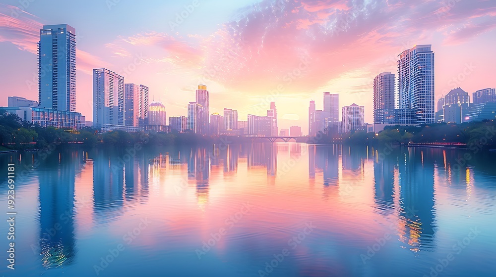 Naklejka premium Modern city skyline at dusk, featuring pastel hues of peach, lavender, and light blue. The tranquil river below reflects the serene cityscape. Wide-angle shot, hd quality, natural look.