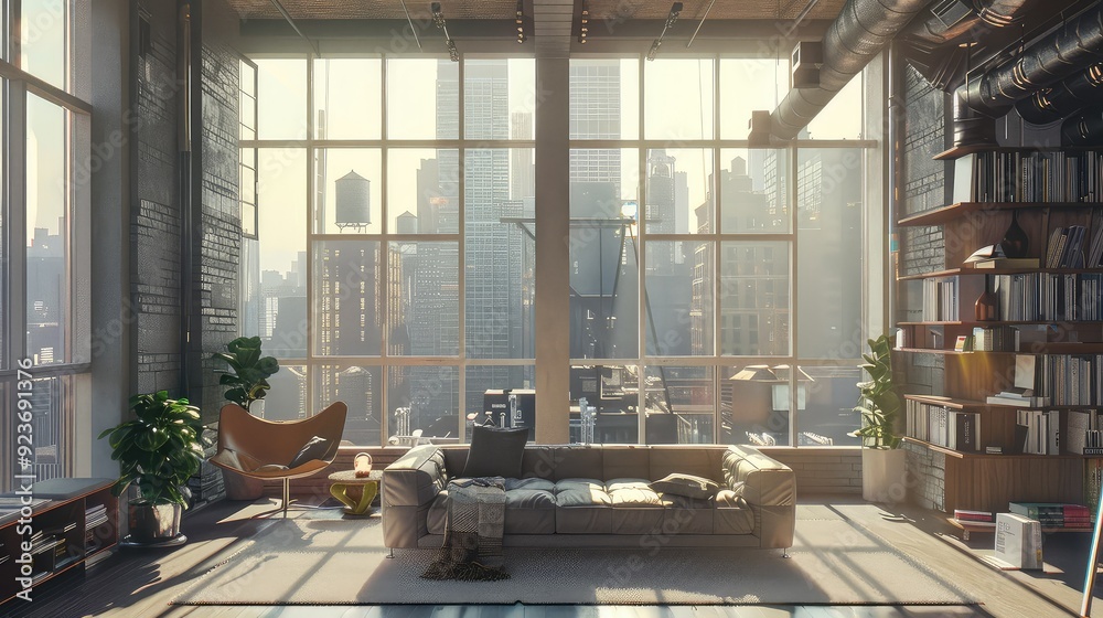 Modern loft living room with large windows overlooking cityscape. Sunlight streams through, illuminating the comfortable furniture and open space. Modern loft living room with large windows overlooking cityscape. Sunlight streams through, illuminating the comfortable furniture and open space.