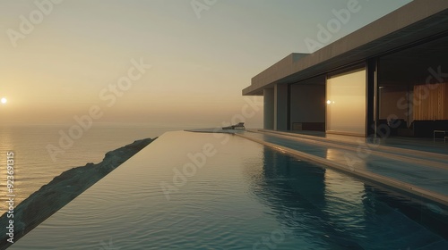 Modern infinity pool overlooking a stunning ocean sunset. A tranquil scene of luxury and relaxation.