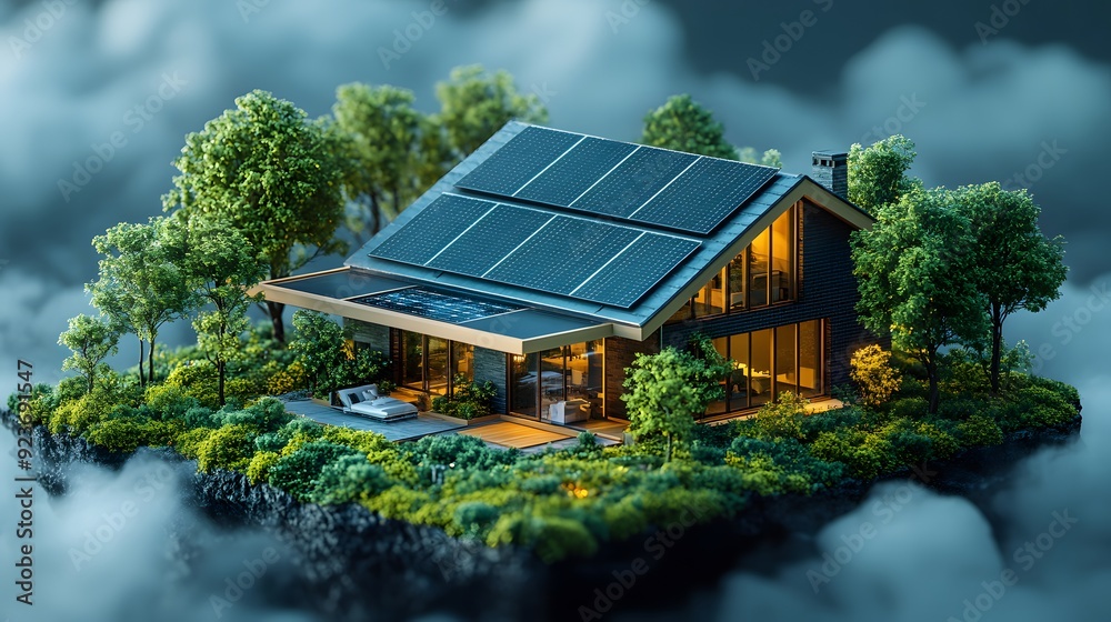 Energy-Efficient Smart Home: A 16:9 horizontal image showing a home equipped with smart thermostats, solar panels, and an energy management dashboard on a tablet.