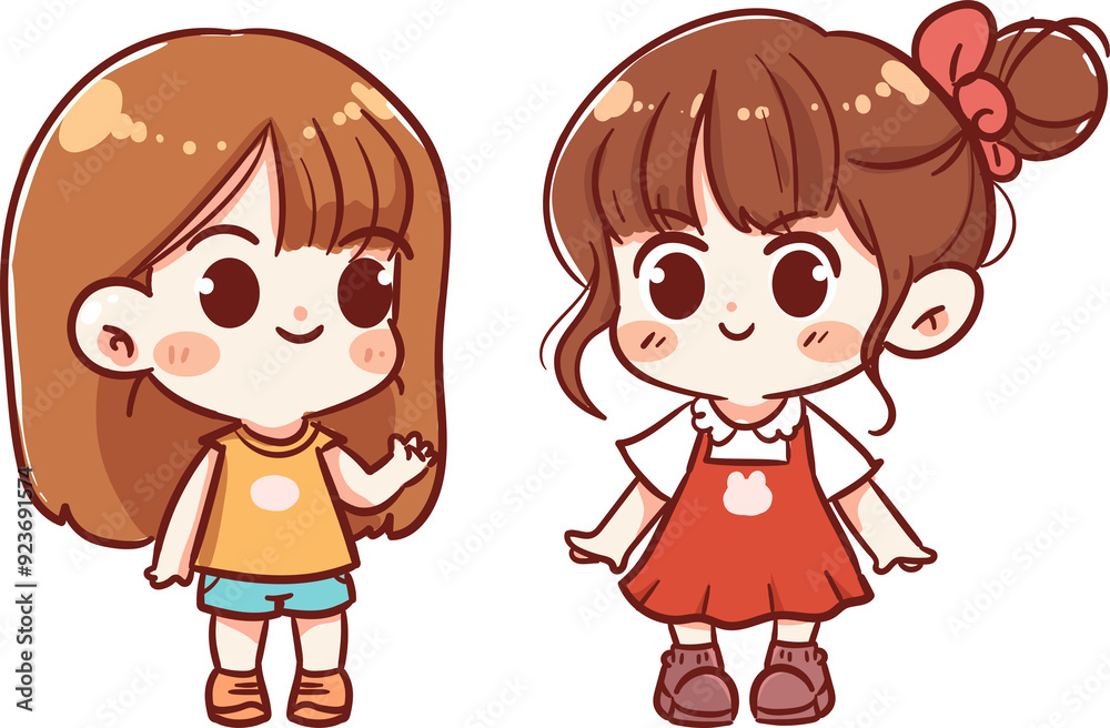Two cute girls stood together, one raising her hand, animatedly explaining something Two cute girls stood together, one raising her hand, animatedly explaining something