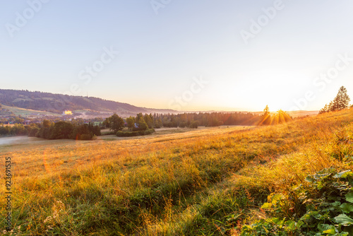 Sunrise over the valley. Summer morning in the Zakopane with a view of Gubałówka