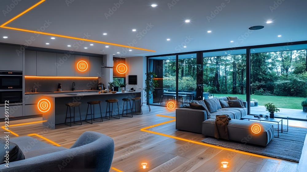 Smart Kitchen and Dining Area: A 16:9 image of a connected kitchen and dining area, with smart appliances and automated lighting, perfect for family meals or entertaining guests. Smart Kitchen and Dining Area: A 16:9 image of a connected kitchen and dining area, with smart appliances and automated lighting, perfect for family meals or entertaining guests.