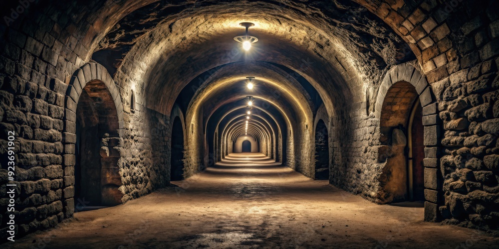 Fototapeta premium Dark underground catacomb tunnel with arched structure , catacombs, tunnel, underground, dark, passage, arch, structure, ancient