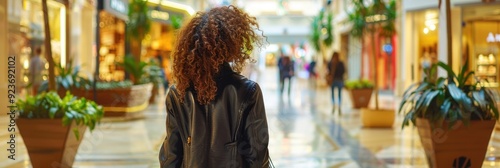 A woman with curly hair walks through a lively shopping center wearing a black jacket, looking at store displays. The area is filled with shoppers, featuring potted plants and a bench. photo