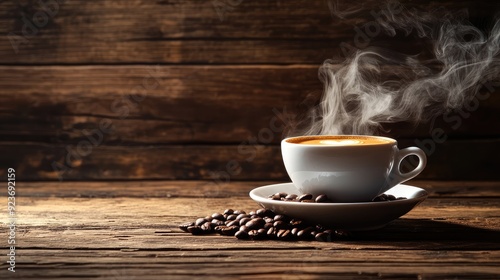 Cup of coffee with smoke and coffee beans on old wooden background Generative