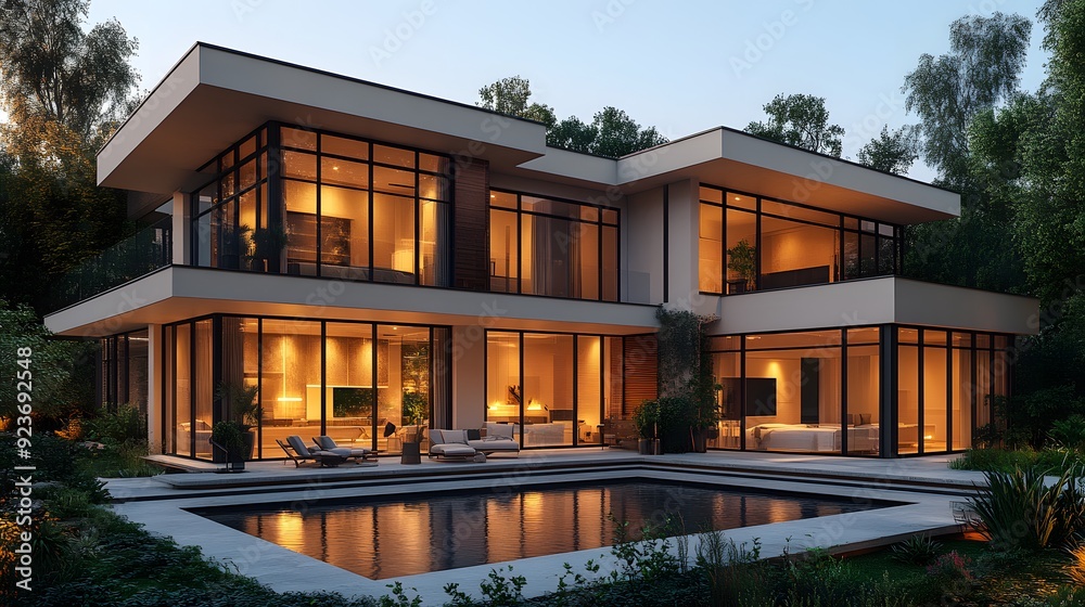 Smart Home Exterior at Night: A 16:9 nighttime view of a modern smart home, illuminated by smart outdoor lighting, with security features like cameras and motion sensors. Smart Home Exterior at Night: A 16:9 nighttime view of a modern smart home, illuminated by smart outdoor lighting, with security features like cameras and motion sensors.