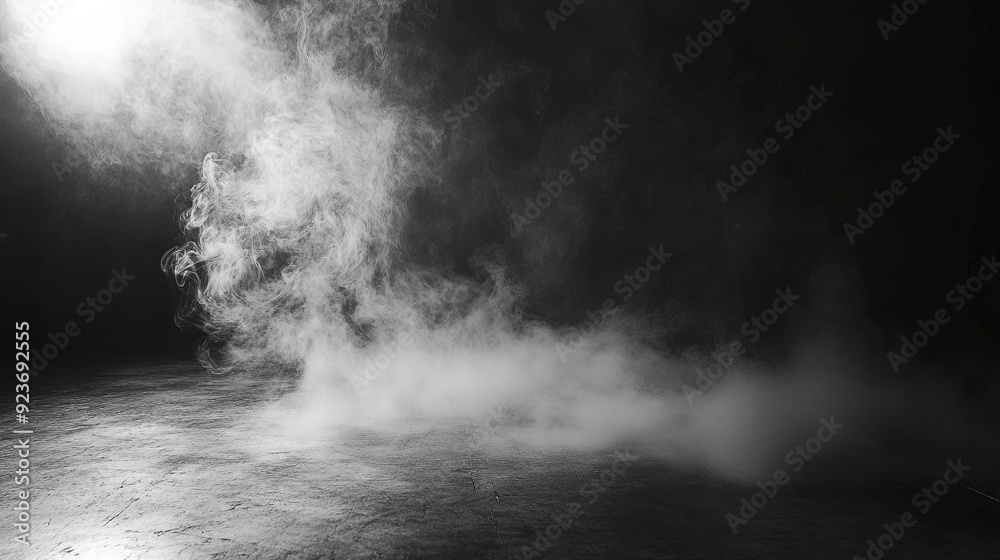 White smoke or fog flow on floor. Large mist in dark room on black background. Smoke on stage studio. Generative ai White smoke or fog flow on floor. Large mist in dark room on black background. Smoke on stage studio. Generative ai