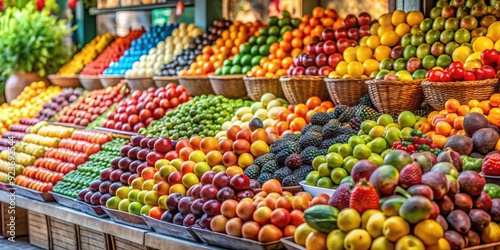 Fresh fruits on display at a colorful market stall, fruit, market, stall, fresh, display, colorful, organic, healthy