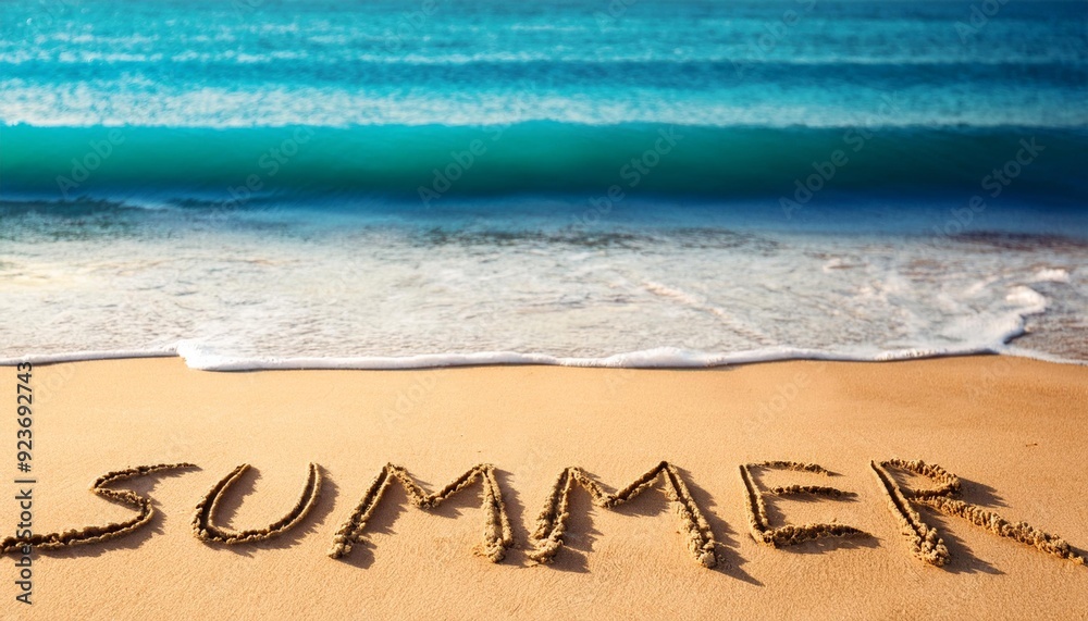 Fototapeta premium AI Generated image of SUMMER lettering on the beach with wave and clear blue sea. in golden sand on clean beach background. Gratitude concept. Copy space.