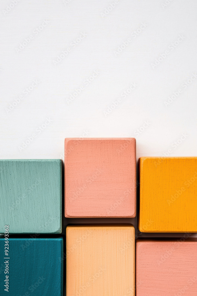 Fototapeta premium Colorful wooden blocks arranged against a clean white background, creating a minimalist geometric pattern, perfect for design and creative projects.
