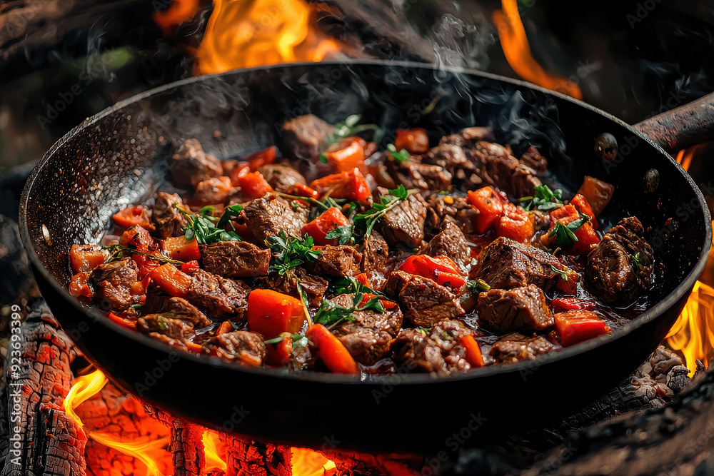 This atmospheric image captures chunks of beef mixed with fresh vegetables, being cooked to perfection in a skillet over an open campfire, emitting a warm and inviting glow and smoke. This atmospheric image captures chunks of beef mixed with fresh vegetables, being cooked to perfection in a skillet over an open campfire, emitting a warm and inviting glow and smoke.