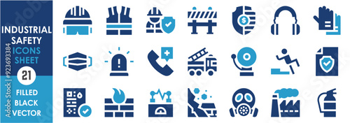 A set of solid icons related to Industrial Safety. Safe, safety, alarm, emergency, health, gears, helmet, construction, chemical, fire, and so on. Vector filled icons set.