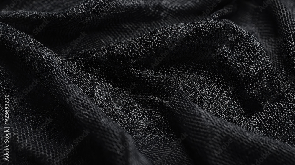 Fototapeta premium A detailed close-up view of black mesh fabric, showcasing its complex weaving pattern and texture, which creates a sense of depth and intricacy in the material.