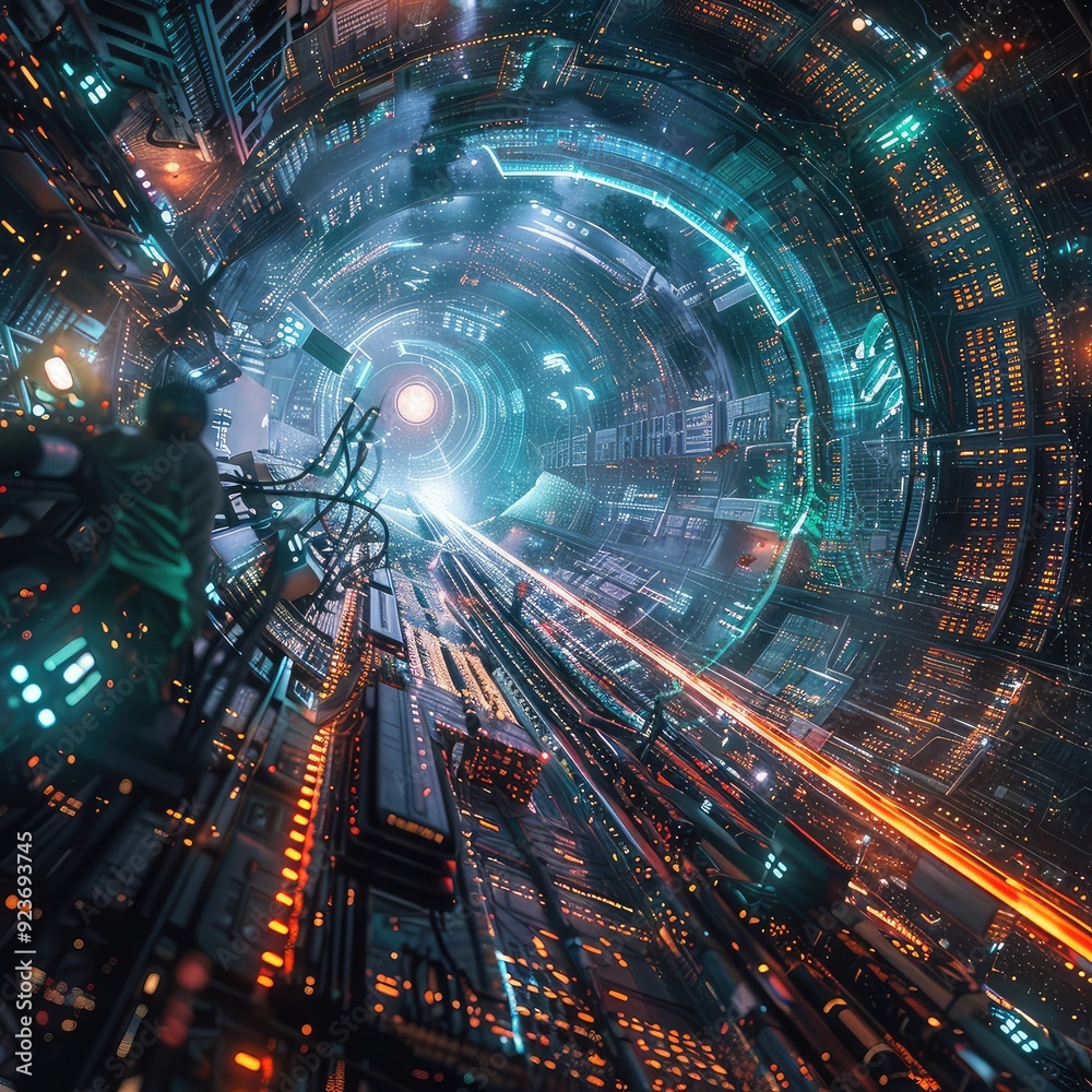 A futuristic city with glowing lights and a swirling tunnel leading to a bright, unknown destination. A futuristic city with glowing lights and a swirling tunnel leading to a bright, unknown destination.