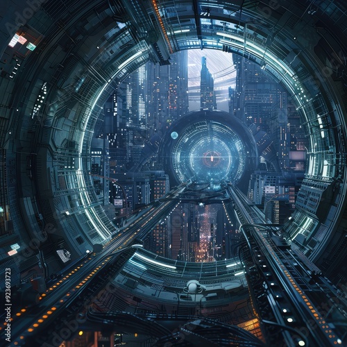 A futuristic cityscape viewed from inside a large, circular structure.  The city is illuminated by neon lights and glowing orbs. photo