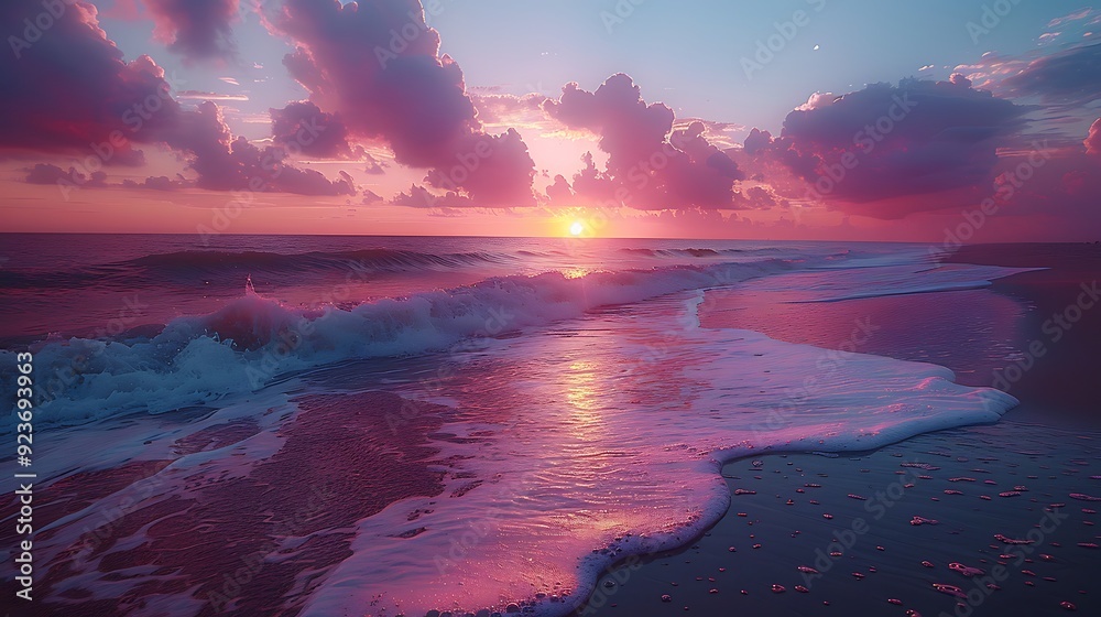 Fototapeta premium Pastel-colored beach sunset with soft pink, orange, and purple hues in the sky. Gentle waves reflecting the serene sunset colors, creating a calm atmosphere. Wide-angle shot, hd quality, natural look.