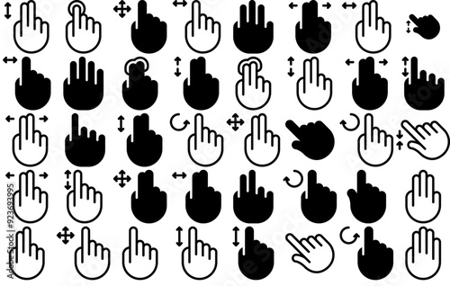 Set Of Linear Hand Gestures Isolated Silhouette Solid Icons With Touch,Tap,Slide,Move,Finger Solid Icon Collection. Vector Illustration