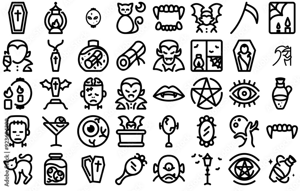Set Of Linear Halloween Icons Silhouette Vector Logo Design Containing Dracula,Vampire,Scary,Halloween,Horror Vector Illustration Linear Pictogram Pack