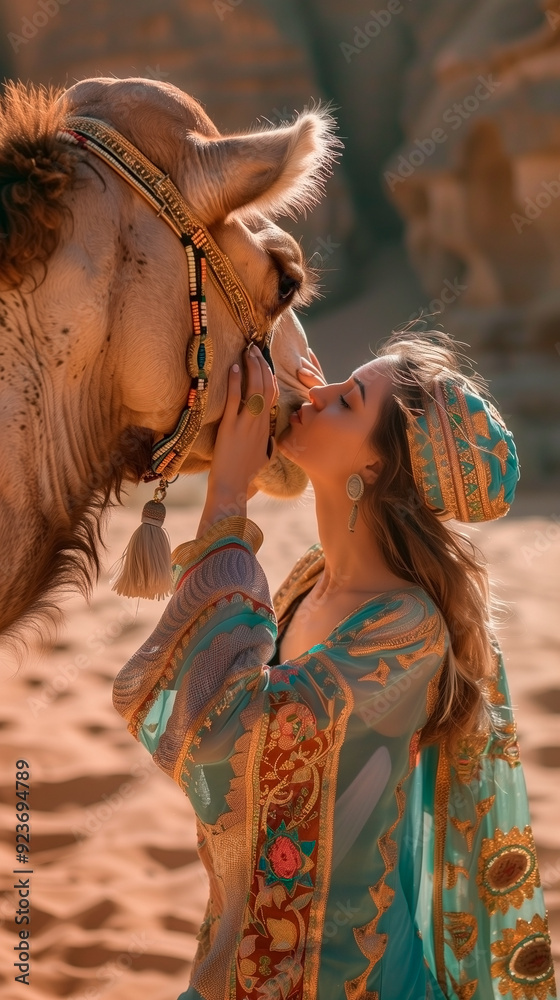 Obraz premium Camel with beautiful Arab girl against backdrop of desert.