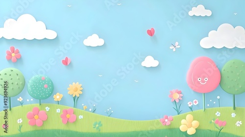 Playful and Whimsical Landscape with Cute Characters and Colorful Flowers