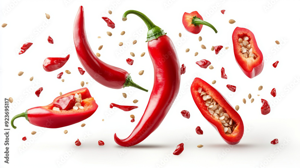 Fresh red chili peppers and sliced sections with seeds floating in mid-air. The file includes clipping paths. Fresh red chili peppers and sliced sections with seeds floating in mid-air. The file includes clipping paths.