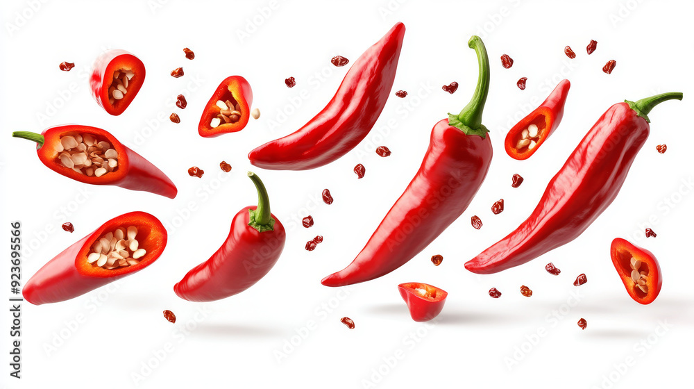 Fresh red chili peppers and sliced sections with seeds floating in mid-air. The file includes clipping paths. Fresh red chili peppers and sliced sections with seeds floating in mid-air. The file includes clipping paths.