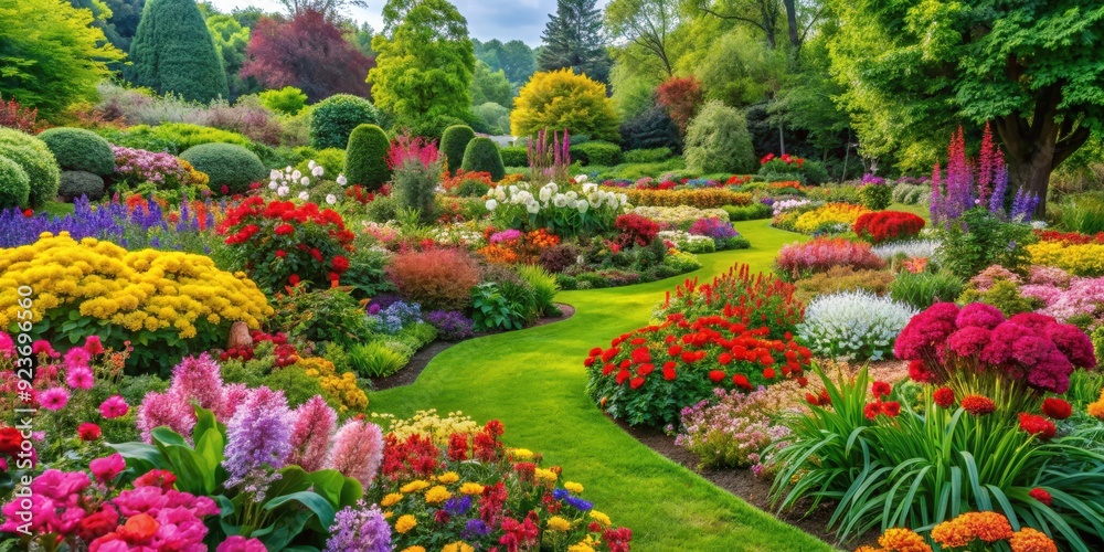 Vibrant garden bursting with colorful flowers and lush greenery, blooming garden, nature's artistry, vibrant display, flowers Vibrant garden bursting with colorful flowers and lush greenery, blooming garden, nature's artistry, vibrant display, flowers