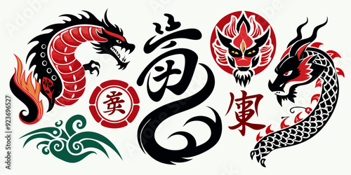 Vector Set of Ink Brushstroke Chinese Dragons, Japanese Watercolor Tribal Tattoos, Oriental Calligraphy Elements, Vintage Zodiac Snake Silhouettes, Abstract Traditional Art Collection.