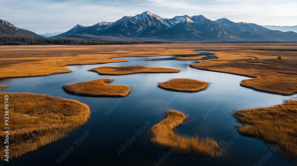 A breathtaking view of a vast wetland with winding water channels surrounded by golden colored vegetation and majestic mountains in the distance under a clear sky. A breathtaking view of a vast wetland with winding water channels surrounded by golden colored vegetation and majestic mountains in the distance under a clear sky.