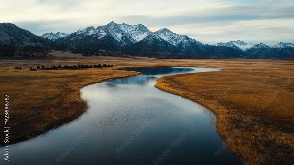 An inspiring scene of golden fields with a meandering river cutting through them, set against a backdrop of snow-capped mountains under a soft, overcast sky. An inspiring scene of golden fields with a meandering river cutting through them, set against a backdrop of snow-capped mountains under a soft, overcast sky.