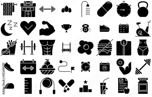 Set Of Linear Fitness Icons Silhouette Vector Logo Design Containing Nutrition,Gym,Food,Barbell,Fitness Vector Icon Set Linear Pictogram Pack