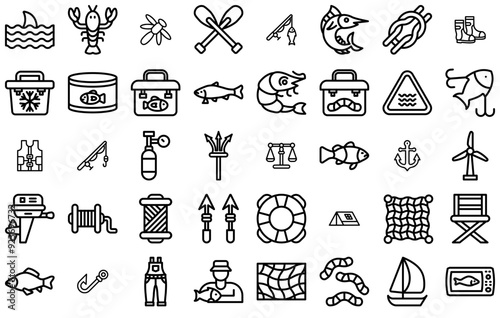 A Collection Of Fishing Thick Line Isolated Silhouette Solid Icons With Fishing,Water,Fish,Sea,Ocean Infographic Simple Vector Illustration Logo