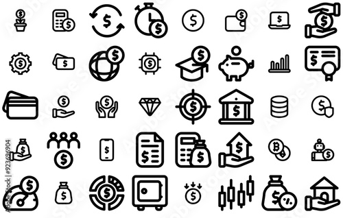 A Collection Of Finance Vol Ii Icons Collection Isolated Silhouette Solid Icons Including Dollar,Money,Finance,Currency,Investment Stroke Icon Collection. Vector Illustration