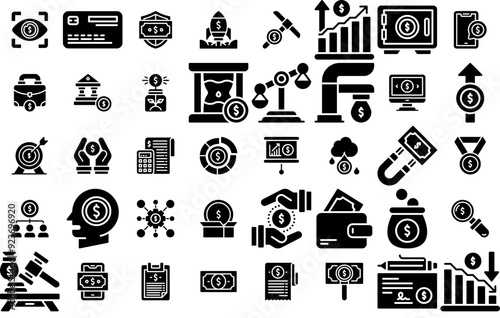 Mega Set Of Vector Finance Solid Isolated Silhouette Solid Icons With Finance,Bank,Coin,Money,Payment Set Vector Flat Line Icons